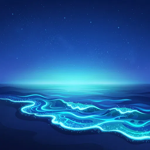 Glowing Bioluminescent Ocean Waves at Night