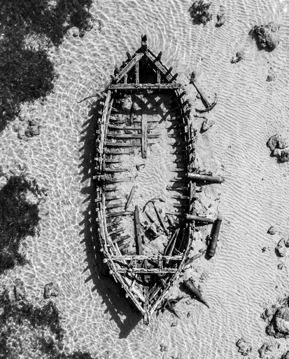 Monochrome Aerial View of Wooden Shipwreck