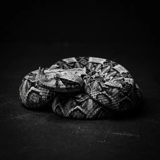 Monochrome Studio Portrait of Coiled Gaboon Viper