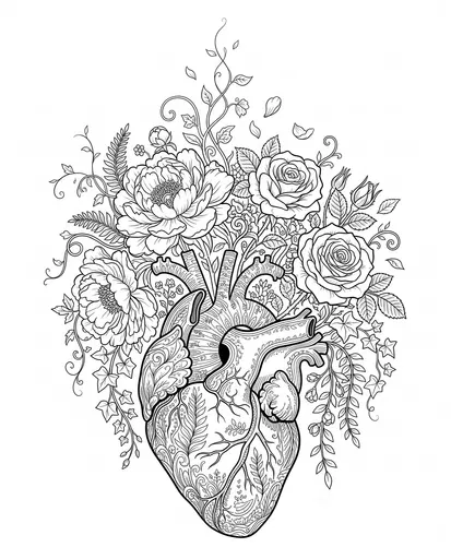 Floral Anatomical Heart Line Art