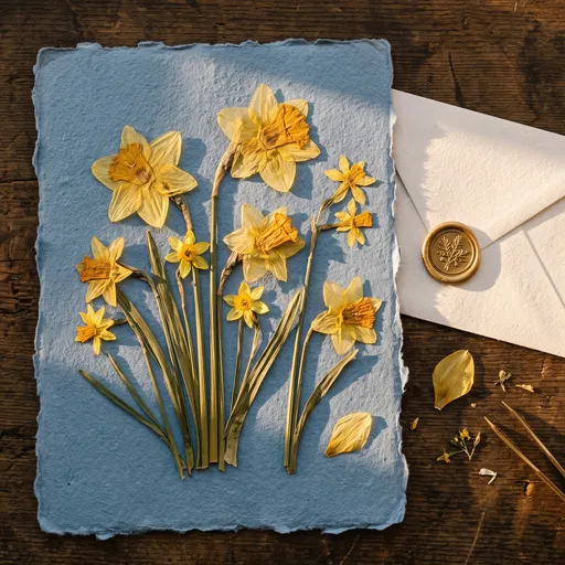 Pressed Daffodils on Blue Deckle Paper