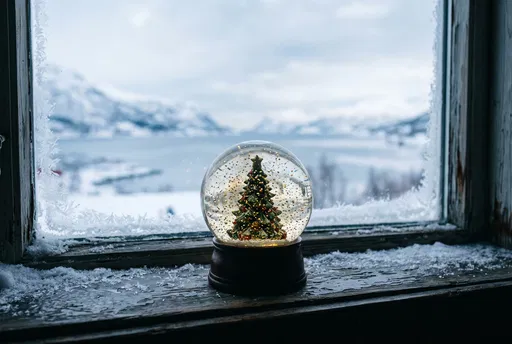 Christmas Tree Snow Globe on Frosty Windowsill