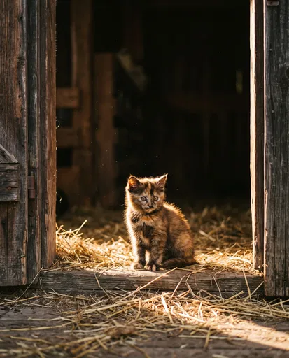 Tortoiseshell Kitten in Sunlit Barn Doorway