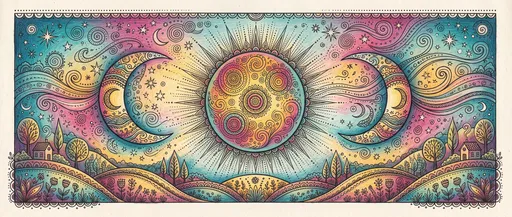 Colorful Folk Art Moon Phases Landscape Illustration