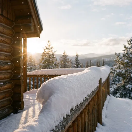 Snow Covered Log Cabin Porch at Sunrise
