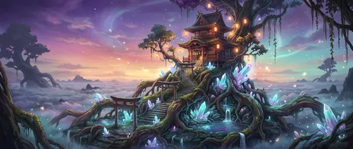 Mystical Anime Shrine Above Twilight Mist