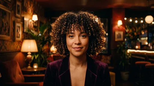 Woman with Curly Bob in Warm Lounge