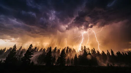 Lightning Storm Over Pine Forest Silhouette