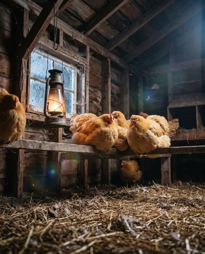 Buff Orpington Hens Roosting by Lantern Light