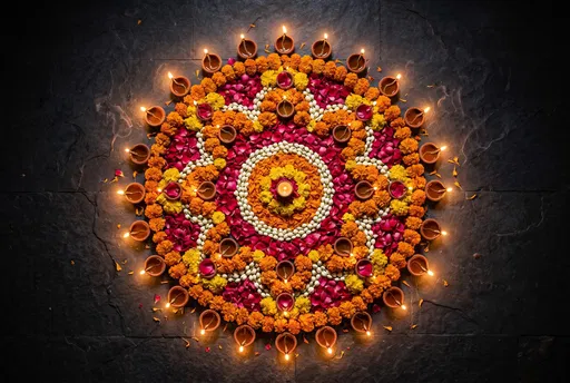 Top-Down Floral Rangoli With Lit Diyas