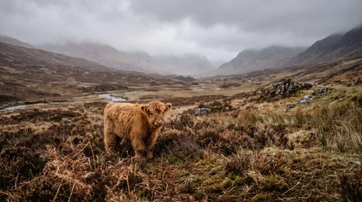 Highland Cow Calf in Misty Valley