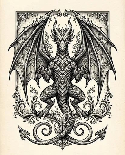 Symmetrical Heraldic Dragon Ink Illustration