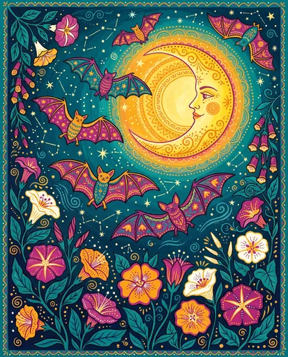 Folk Art Bats and Crescent Moon