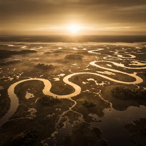 Golden Sunset Over Winding Marshland Rivers