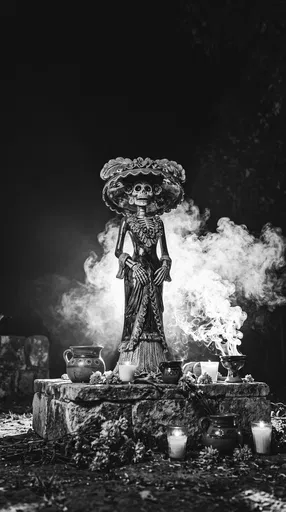 Monochrome Catrina Sculpture on Stone Altar