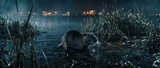Nutria Wading in Marsh at Night