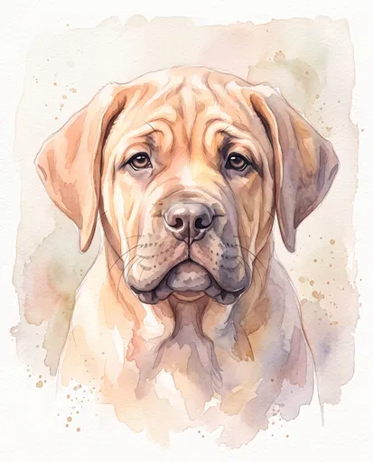 Watercolor Portrait of Fawn Mastiff Puppy