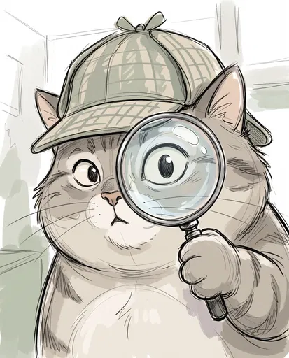 Cartoon Detective Cat With Magnifying Glass