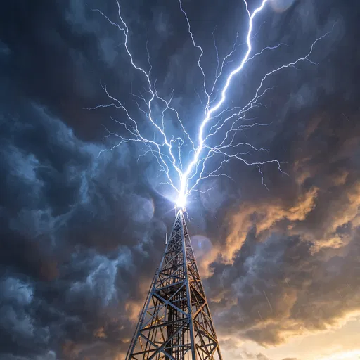 Upward Lightning Striking Steel Tower at Sunset