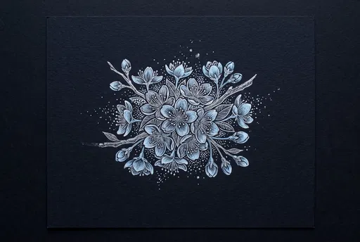 Silver Blue Sakura Drawing on Black