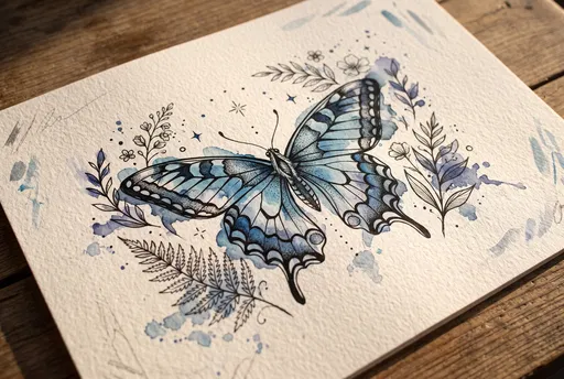 Blue Watercolor Butterfly Illustration on Paper