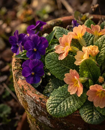 Violets and Primroses in Terracotta Pot