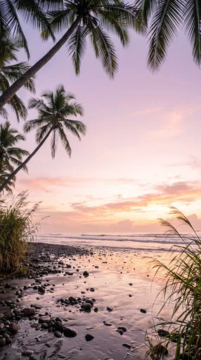 Tropical Pebble Beach at Pastel Sunrise