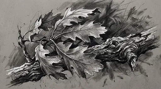 Charcoal and Chalk Oak Leaves Drawing