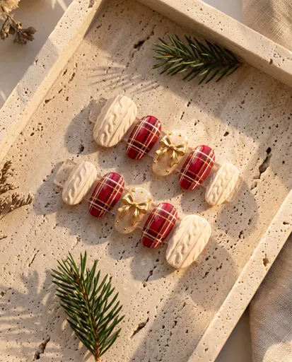 Holiday Press-On Nails on Travertine Tray
