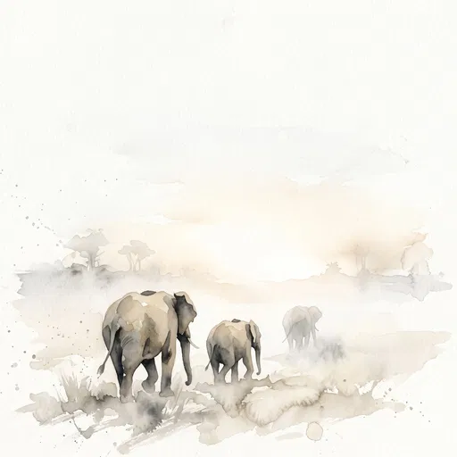 Watercolor Elephants Walking in Morning Mist