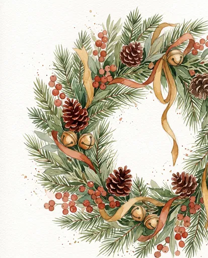Watercolor Winter Wreath with Pinecones and Bells