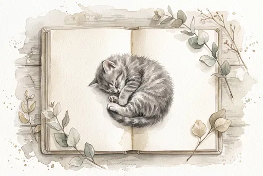 Watercolor Grey Kitten Sleeping on Open Sketchbook