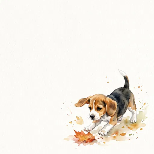 Watercolor Beagle Puppy Pouncing on Leaf