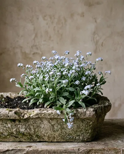 Forget-Me-Not Flowers in Aged Stone Planter