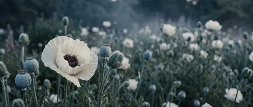 White Poppy in Misty Garden