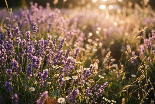 Sunlit Lavender and Daisy Meadow