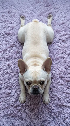 Cream French Bulldog on Lavender Rug