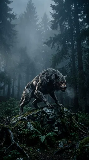 Werewolf Creature on Mossy Forest Rock