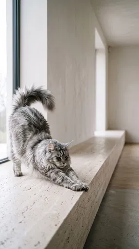 Silver Maine Coon Cat Stretching Indoors