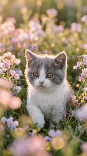 Grey and White Kitten in Wildflowers