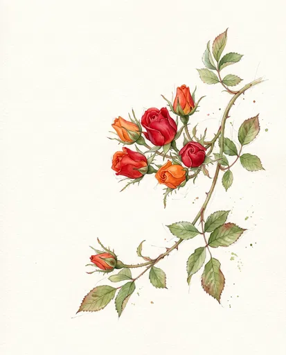 Watercolor Scarlet and Tangerine Rose Buds