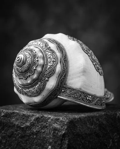 Ornate Silver Conch Shell on Stone