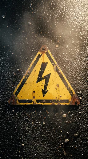 Weathered High Voltage Sign on Wet Pavement