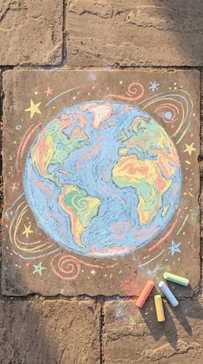 Pastel Sidewalk Chalk Drawing of Planet Earth