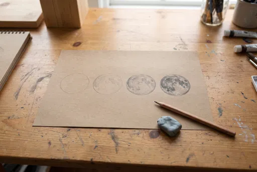 Sequential Moon Pencil Drawings on Desk