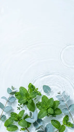 Mint and Eucalyptus Leaves Floating on Water
