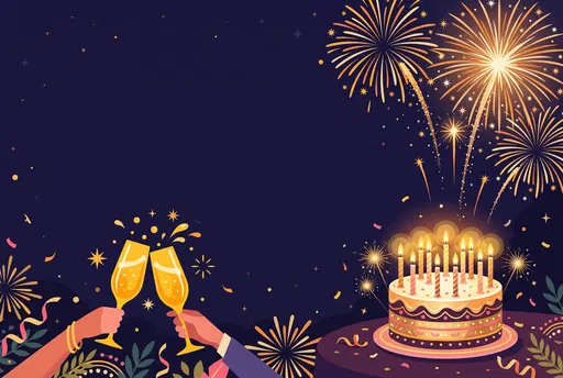Birthday Celebration Illustration with Cake and Fireworks