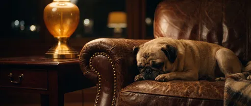 Fawn Pug Sleeping on Leather Armchair