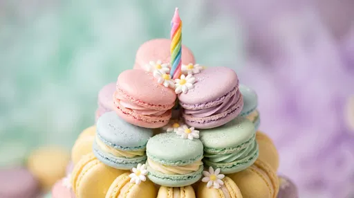 Pastel Macaron Tower With Rainbow Candle
