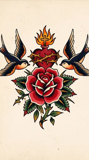 Traditional Tattoo Swallows Rose Sacred Heart